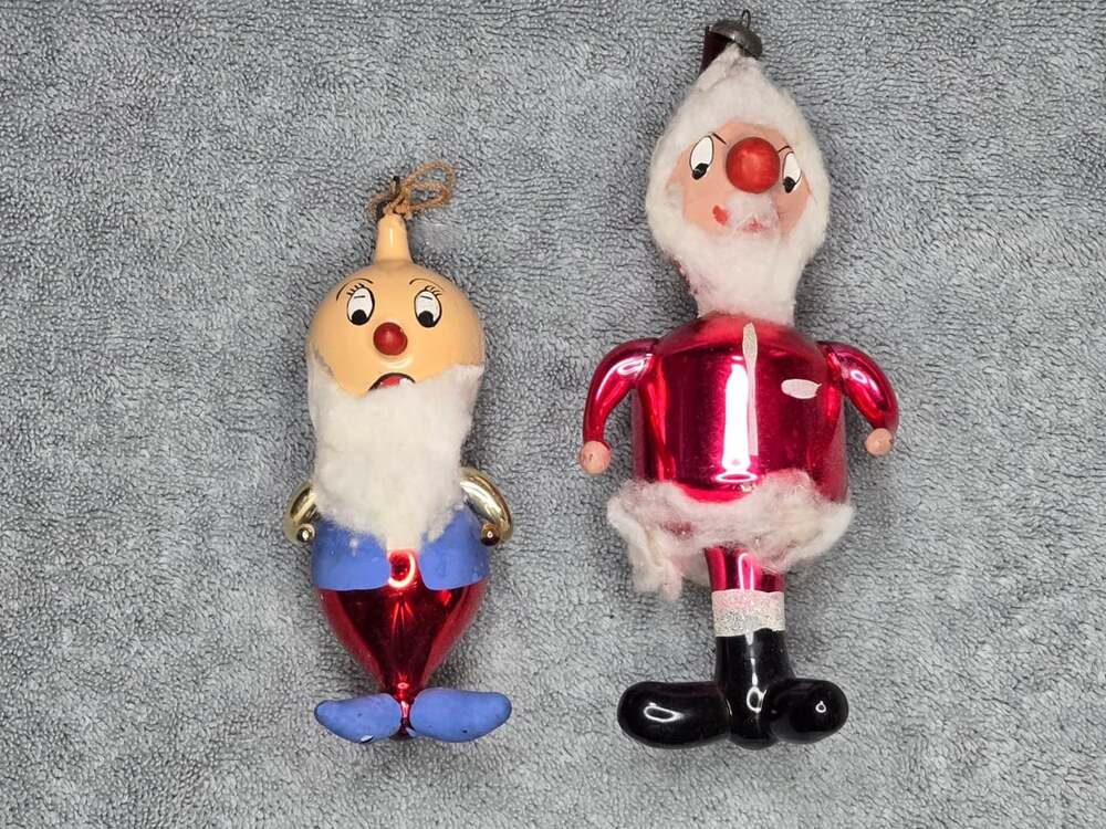 Vintage De Carlini Blown Glass Santa Claus and Elf Helper Christmas Ornaments